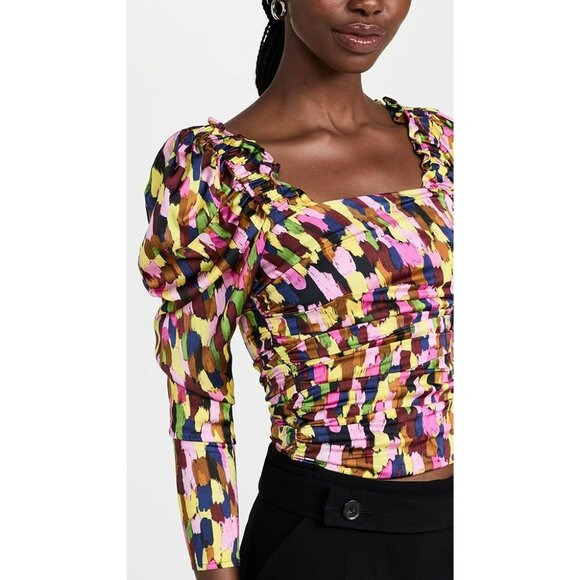 Brogger Multicolor Ruched Sleeve Blouse Colorful Art to Wear Artsy Boho Designer - Picture 2 of 16